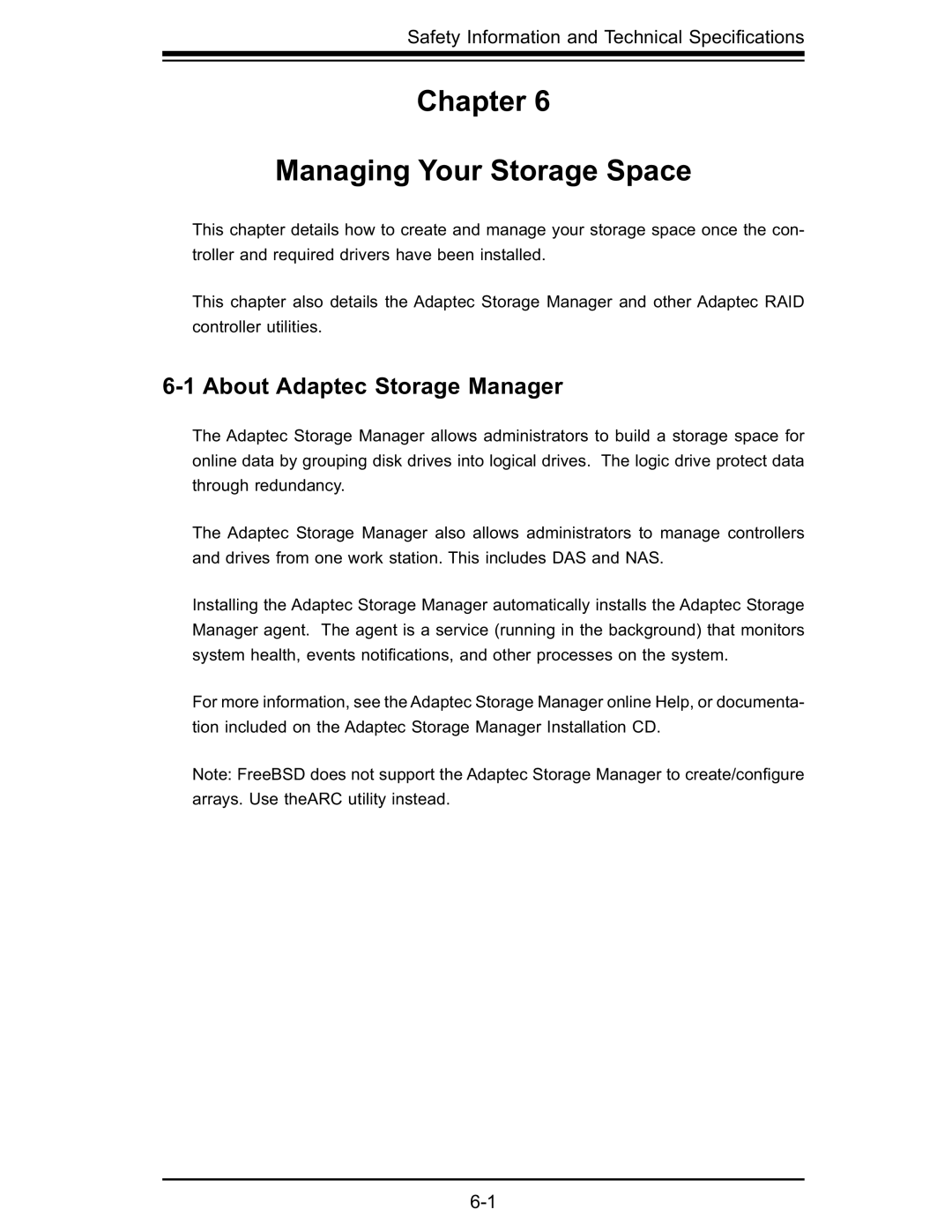 SUPER MICRO Computer AOC-USAS-S4IR manual Chapter Managing Your Storage Space, About Adaptec Storage Manager 