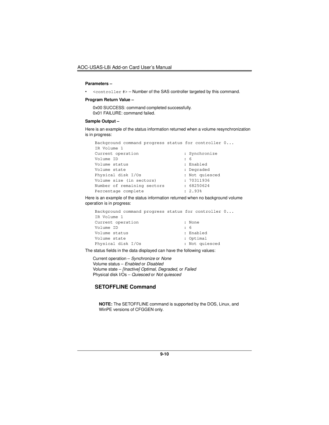 SUPER MICRO Computer AOCS2308LL8E user manual Setoffline Command 