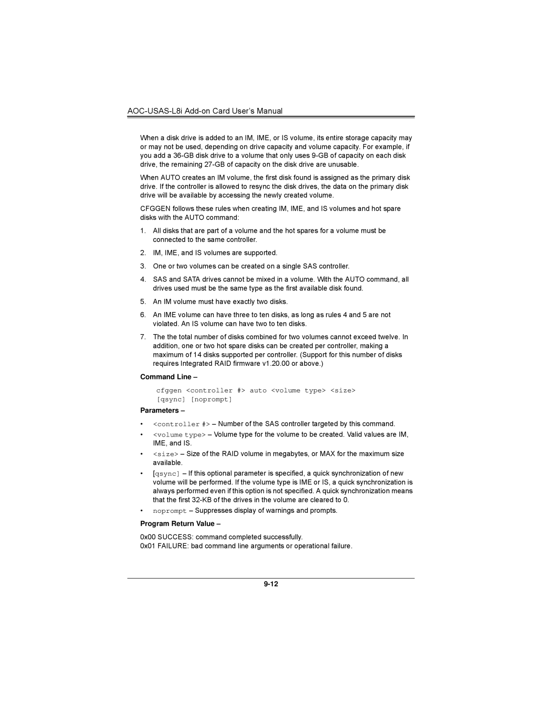 SUPER MICRO Computer AOCS2308LL8E user manual Cfggen controller # auto volume type size qsync noprompt 