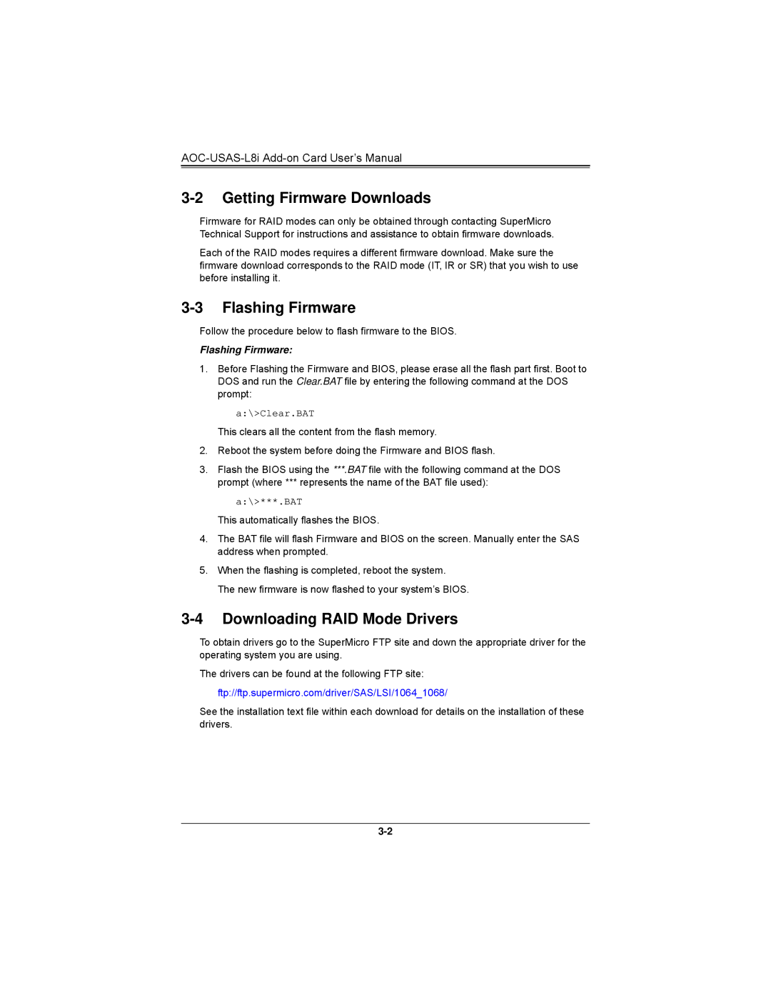 SUPER MICRO Computer AOCS2308LL8E user manual Getting Firmware Downloads, Flashing Firmware, Downloading RAID Mode Drivers 