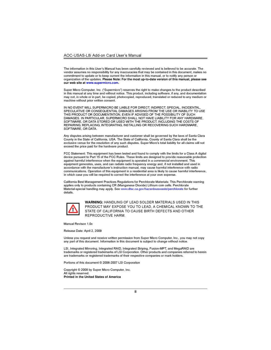 SUPER MICRO Computer AOCS2308LL8E user manual AOC-USAS-L8i Add-on Card User’s Manual 