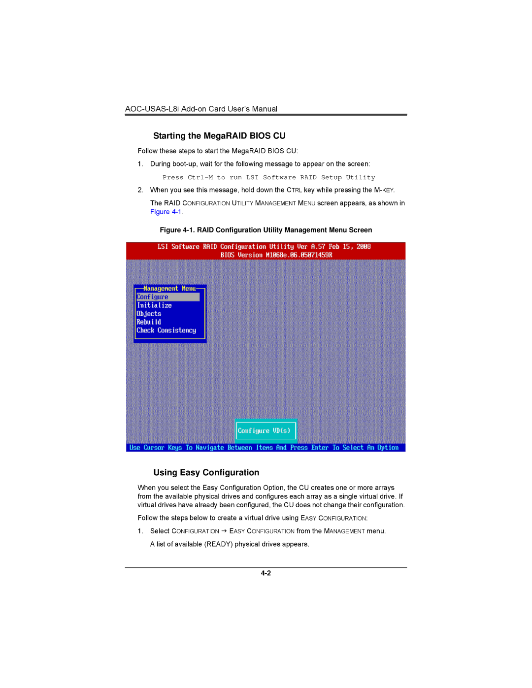 SUPER MICRO Computer AOCS2308LL8E user manual Starting the MegaRAID Bios CU, Using Easy Configuration 