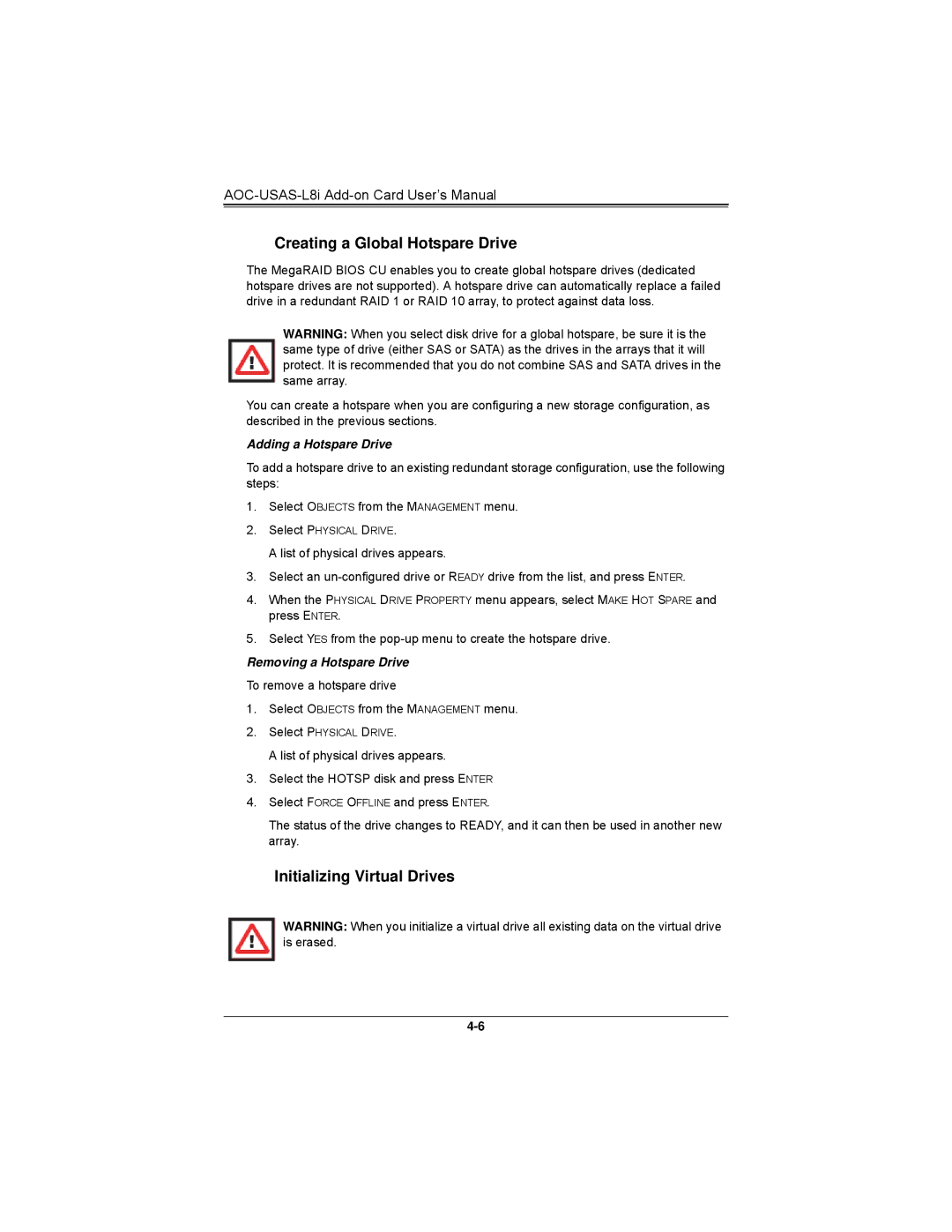 SUPER MICRO Computer AOCS2308LL8E user manual Creating a Global Hotspare Drive, Initializing Virtual Drives 