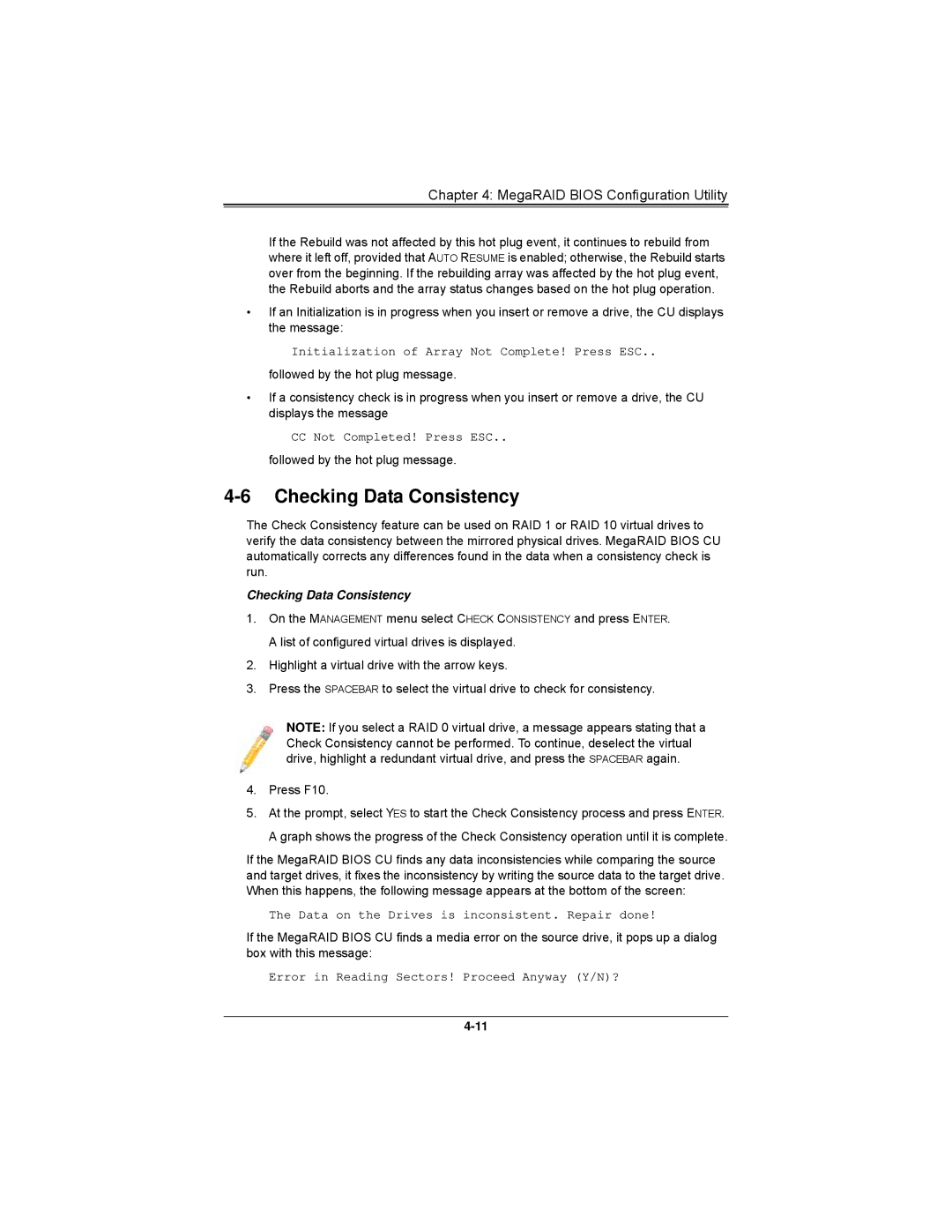 SUPER MICRO Computer AOCS2308LL8E user manual Checking Data Consistency, Initialization of Array Not Complete! Press ESC 