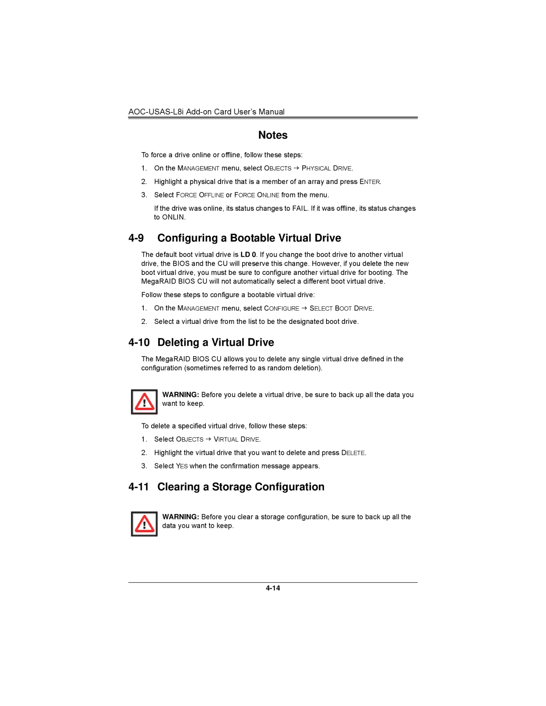 SUPER MICRO Computer AOCS2308LL8E user manual Configuring a Bootable Virtual Drive, Deleting a Virtual Drive 