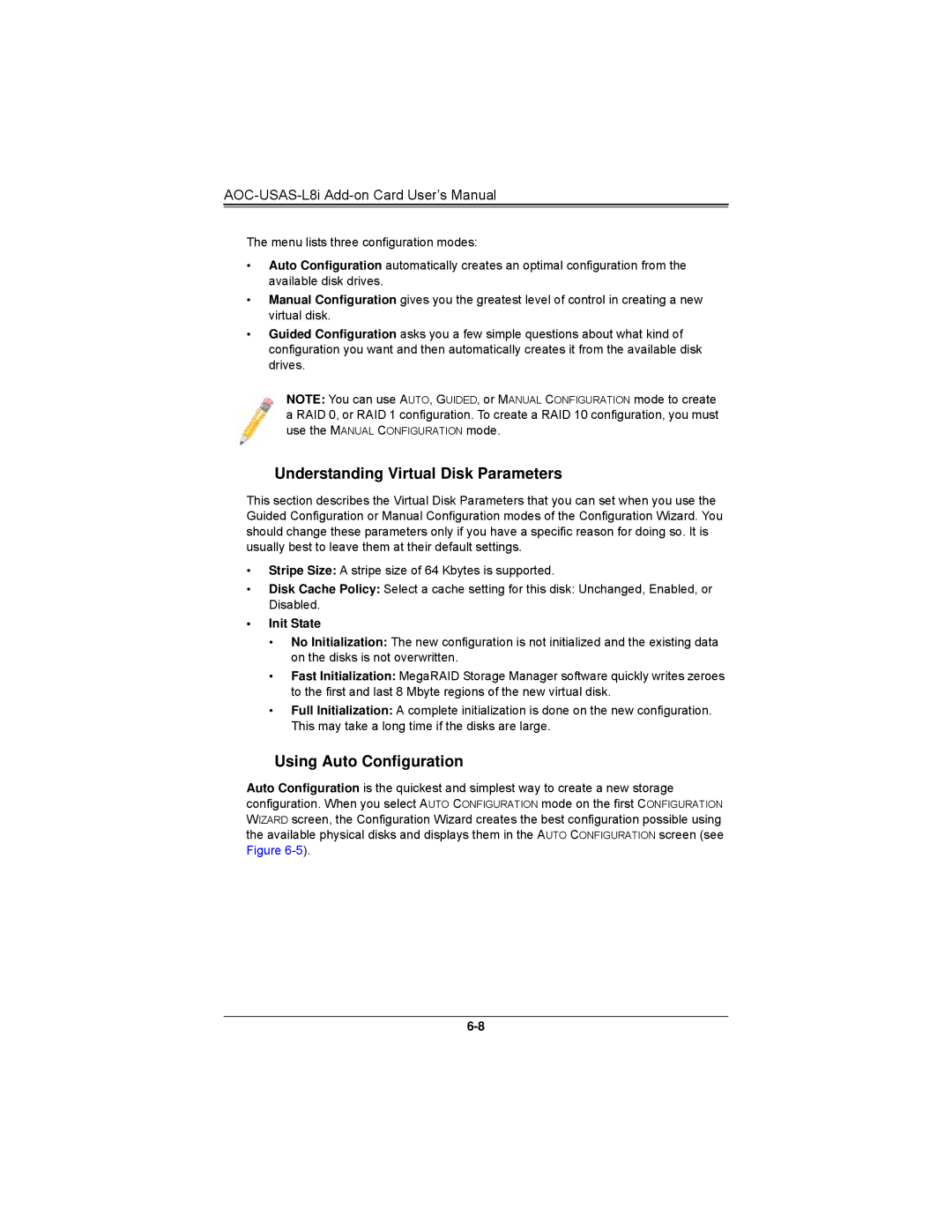 SUPER MICRO Computer AOCS2308LL8E user manual Understanding Virtual Disk Parameters, Using Auto Configuration 