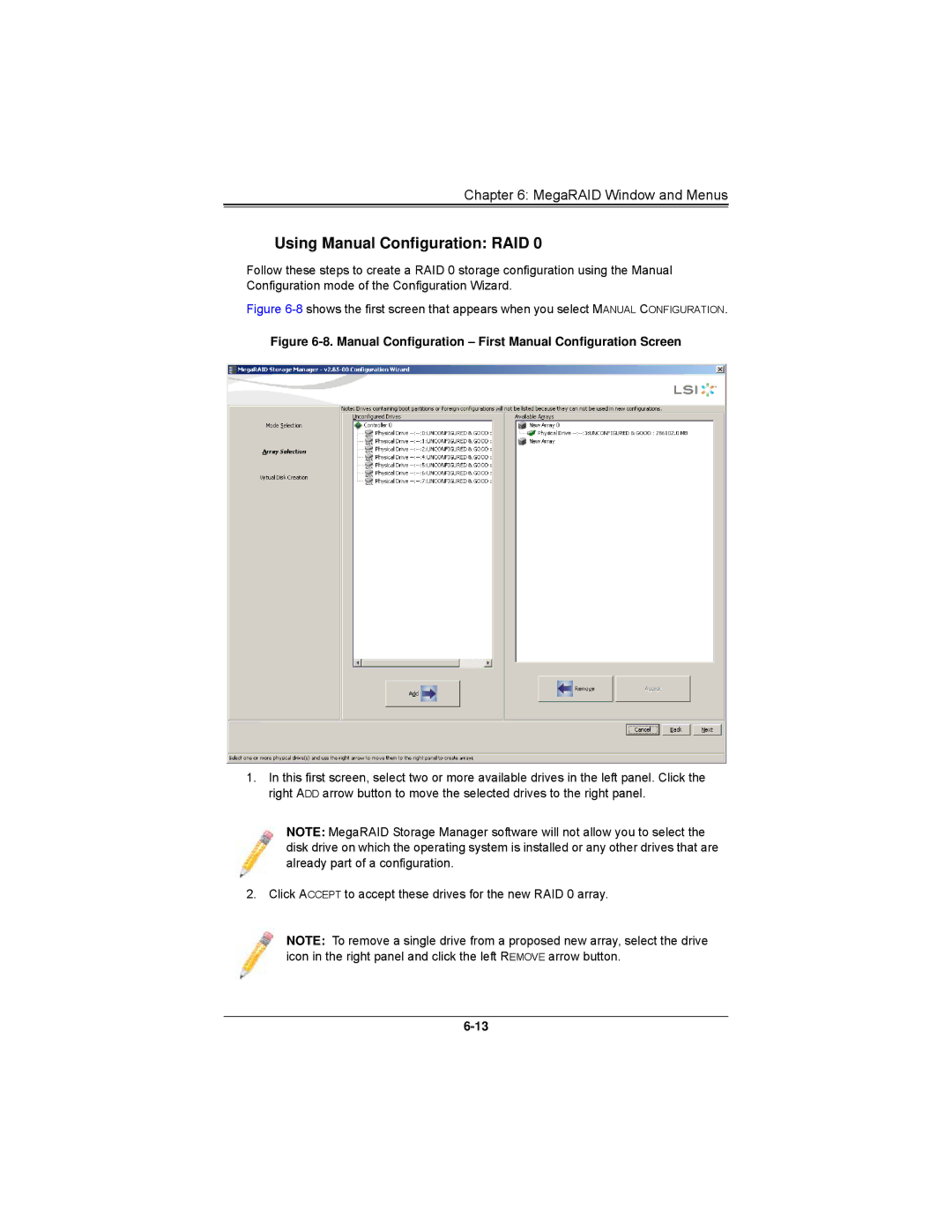 SUPER MICRO Computer AOCS2308LL8E Using Manual Configuration RAID, Manual Configuration First Manual Configuration Screen 