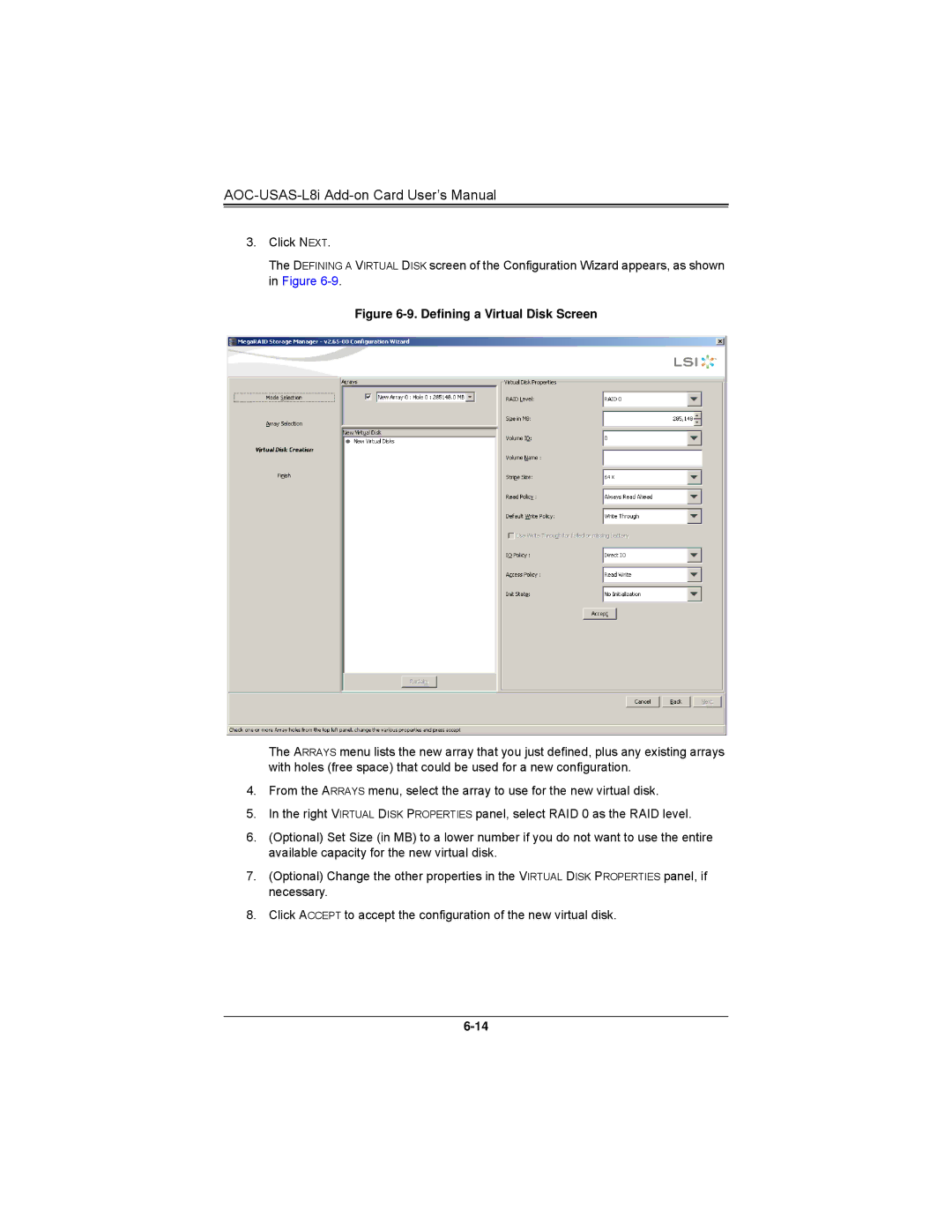 SUPER MICRO Computer AOCS2308LL8E user manual Defining a Virtual Disk Screen 