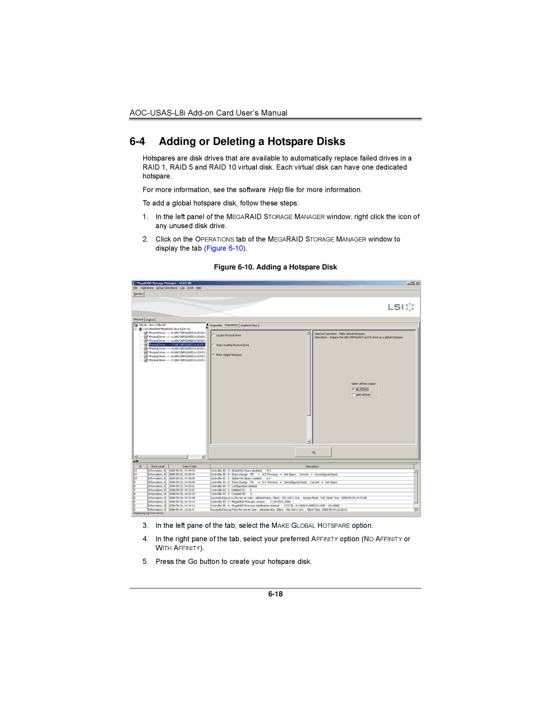 SUPER MICRO Computer AOCS2308LL8E user manual Adding or Deleting a Hotspare Disks, Adding a Hotspare Disk 