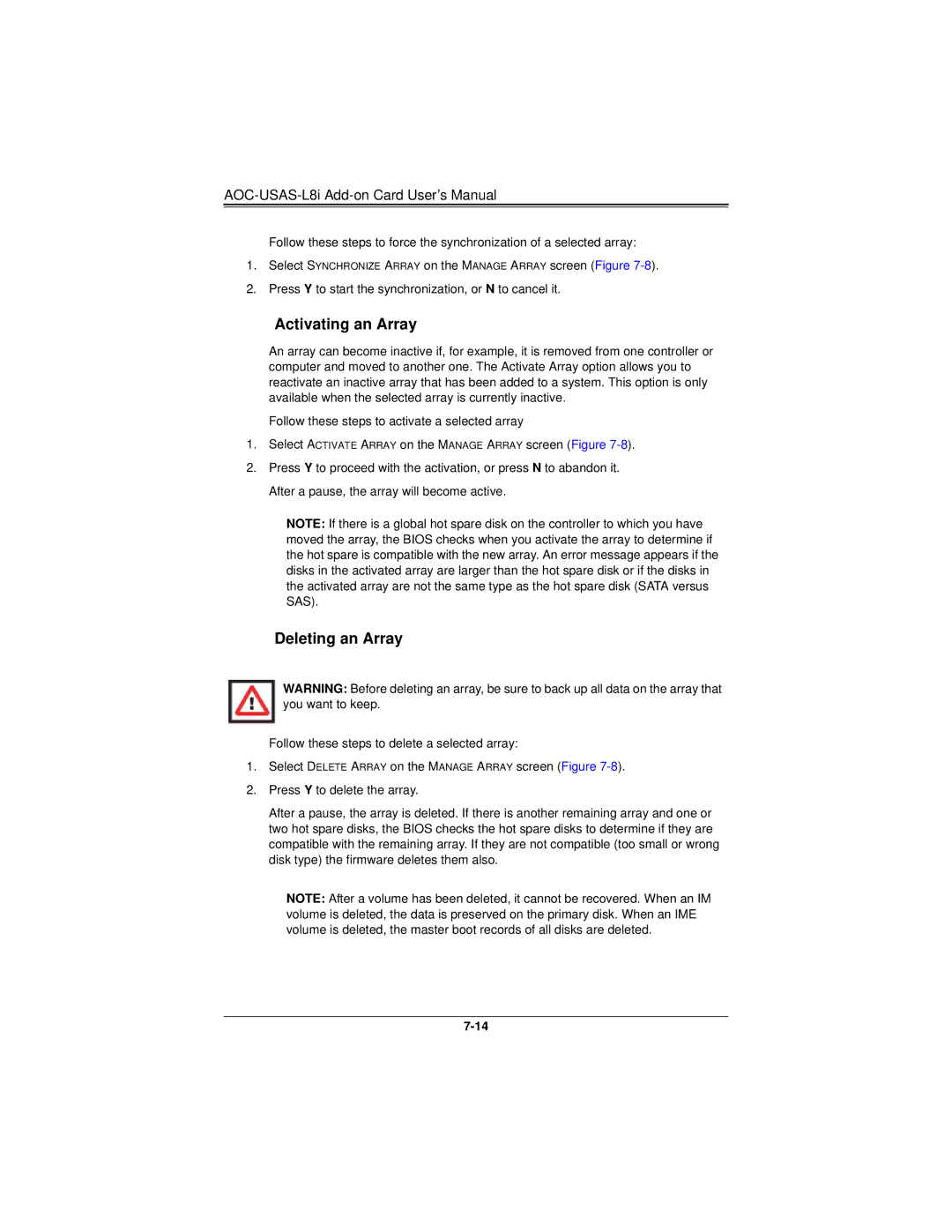 SUPER MICRO Computer AOCS2308LL8E user manual Activating an Array, Deleting an Array 