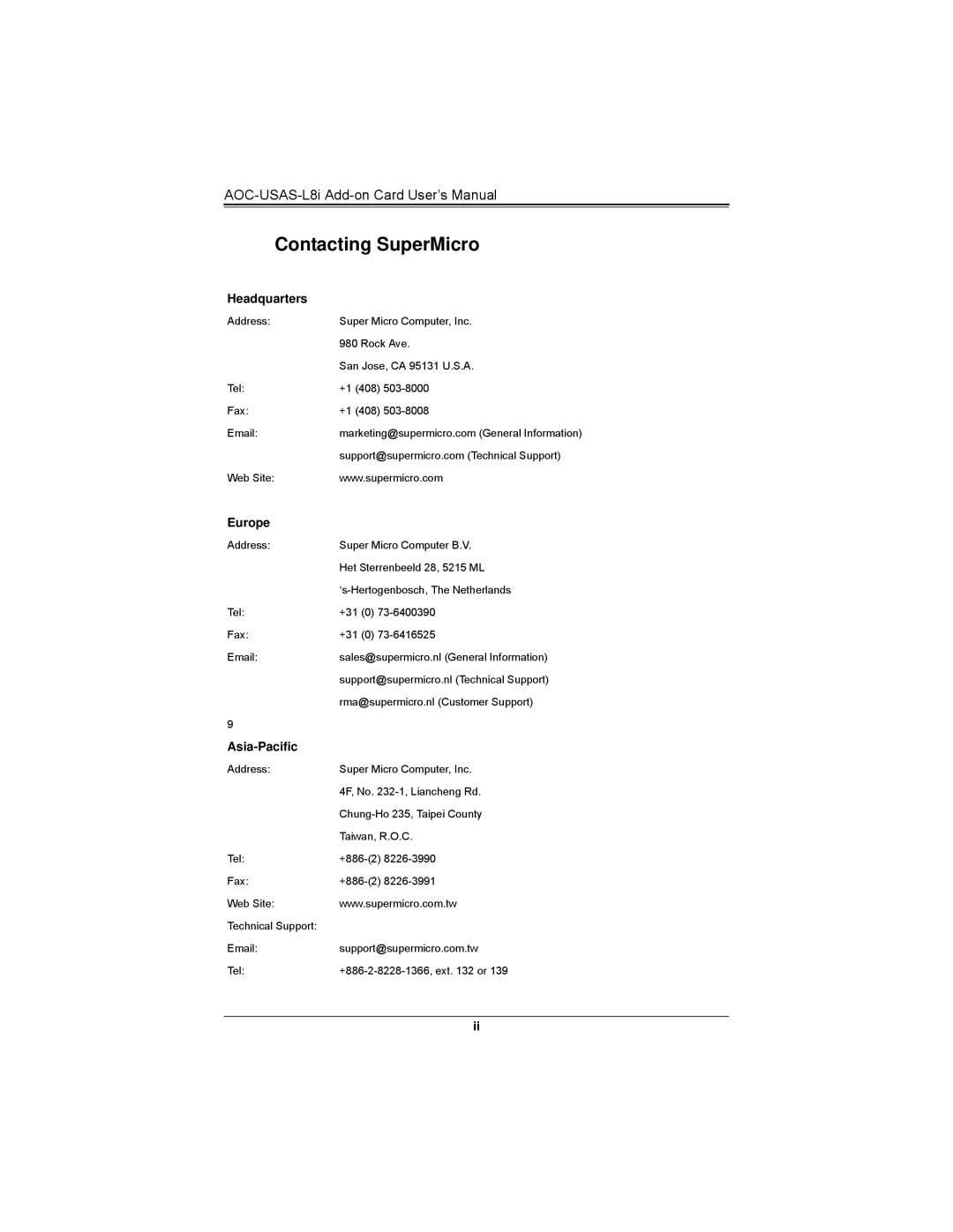 SUPER MICRO Computer AOCS2308LL8E user manual Contacting SuperMicro, Headquarters 