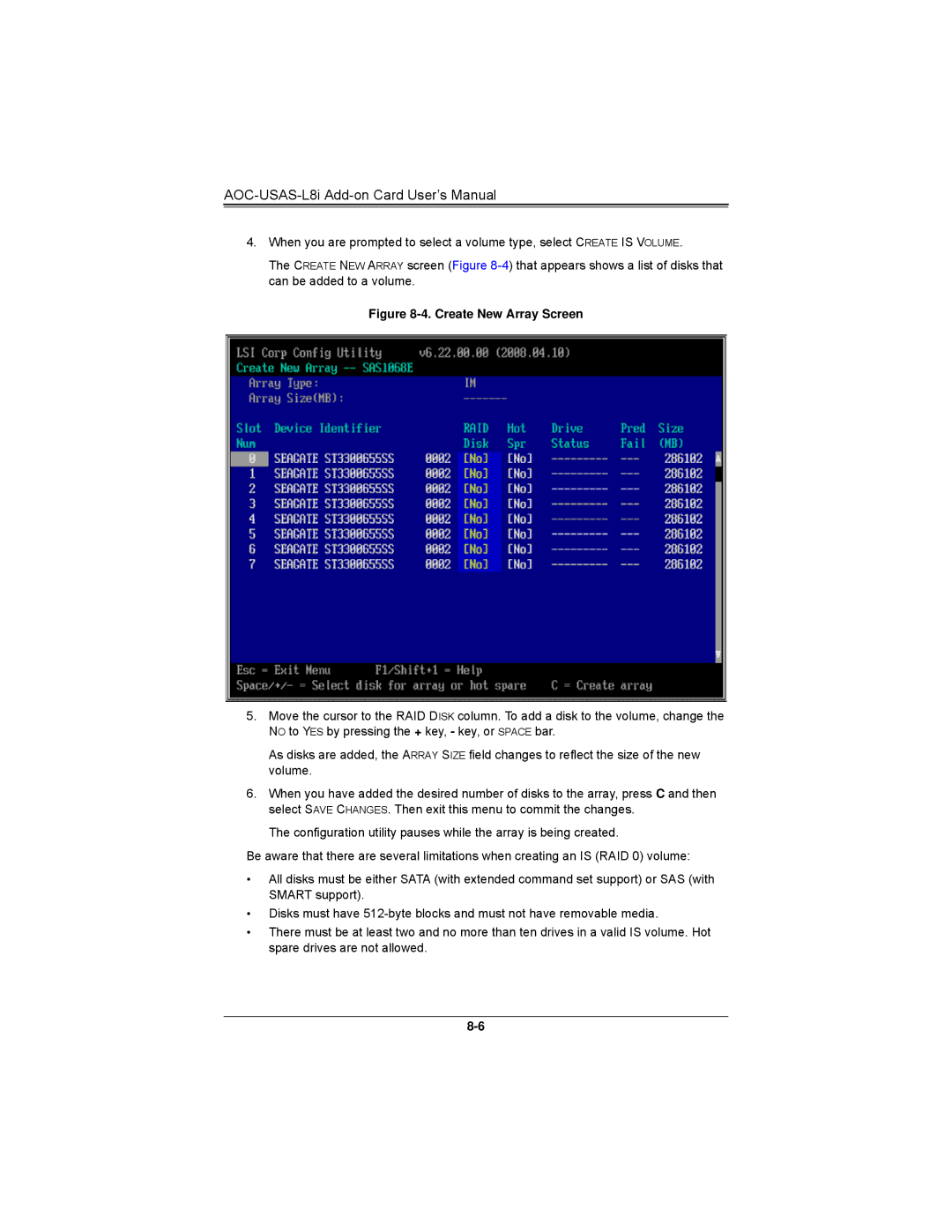 SUPER MICRO Computer AOCS2308LL8E user manual Create New Array Screen 