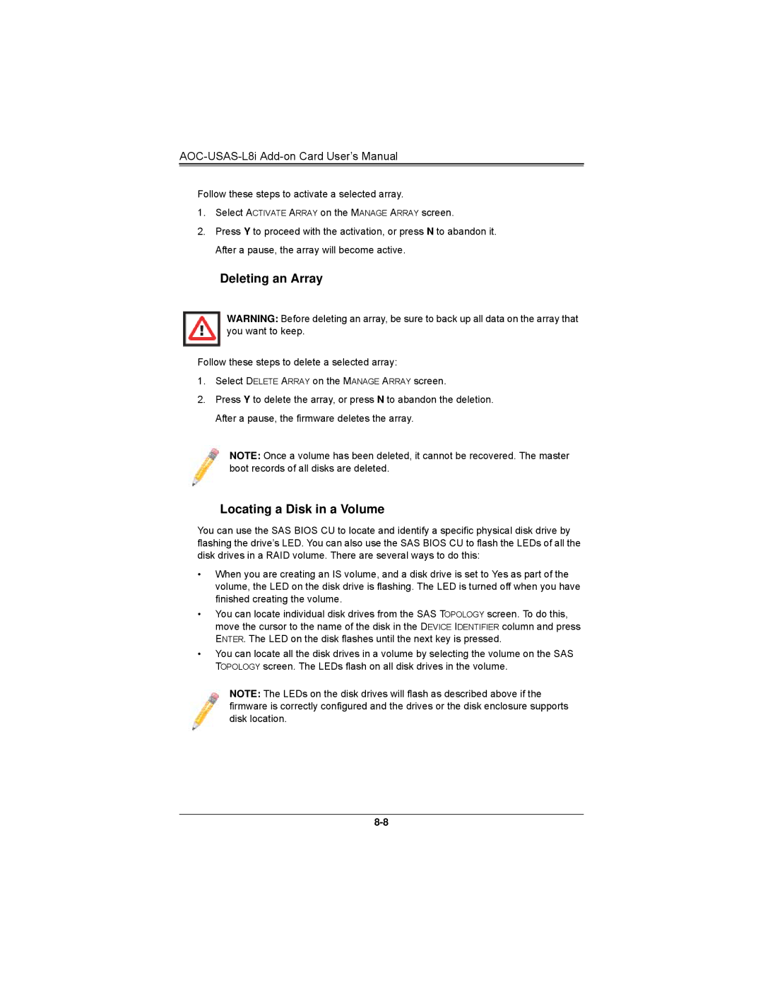 SUPER MICRO Computer AOCS2308LL8E user manual Deleting an Array, Locating a Disk in a Volume 