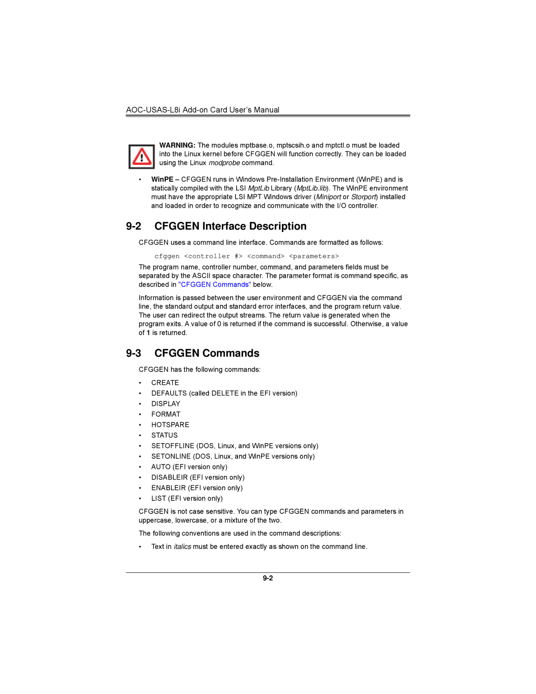 SUPER MICRO Computer AOCS2308LL8E user manual Cfggen Interface Description, Cfggen Commands 