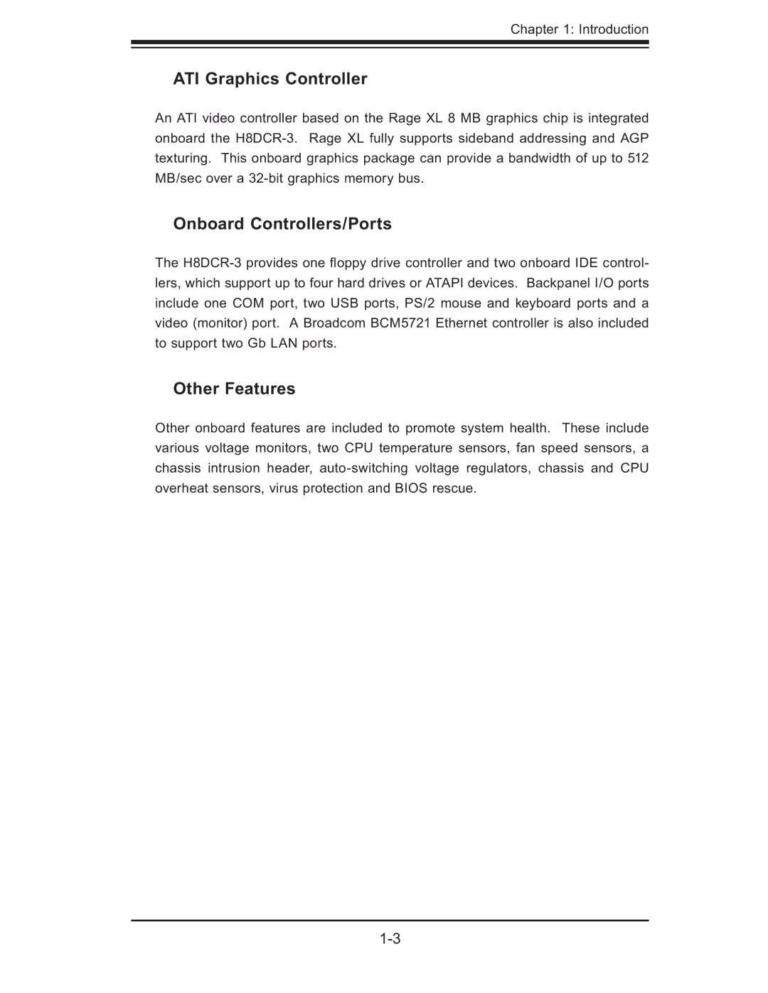 SUPER MICRO Computer AS 1020C-3 user manual ATI Graphics Controller, Onboard Controllers/Ports, Other Features 