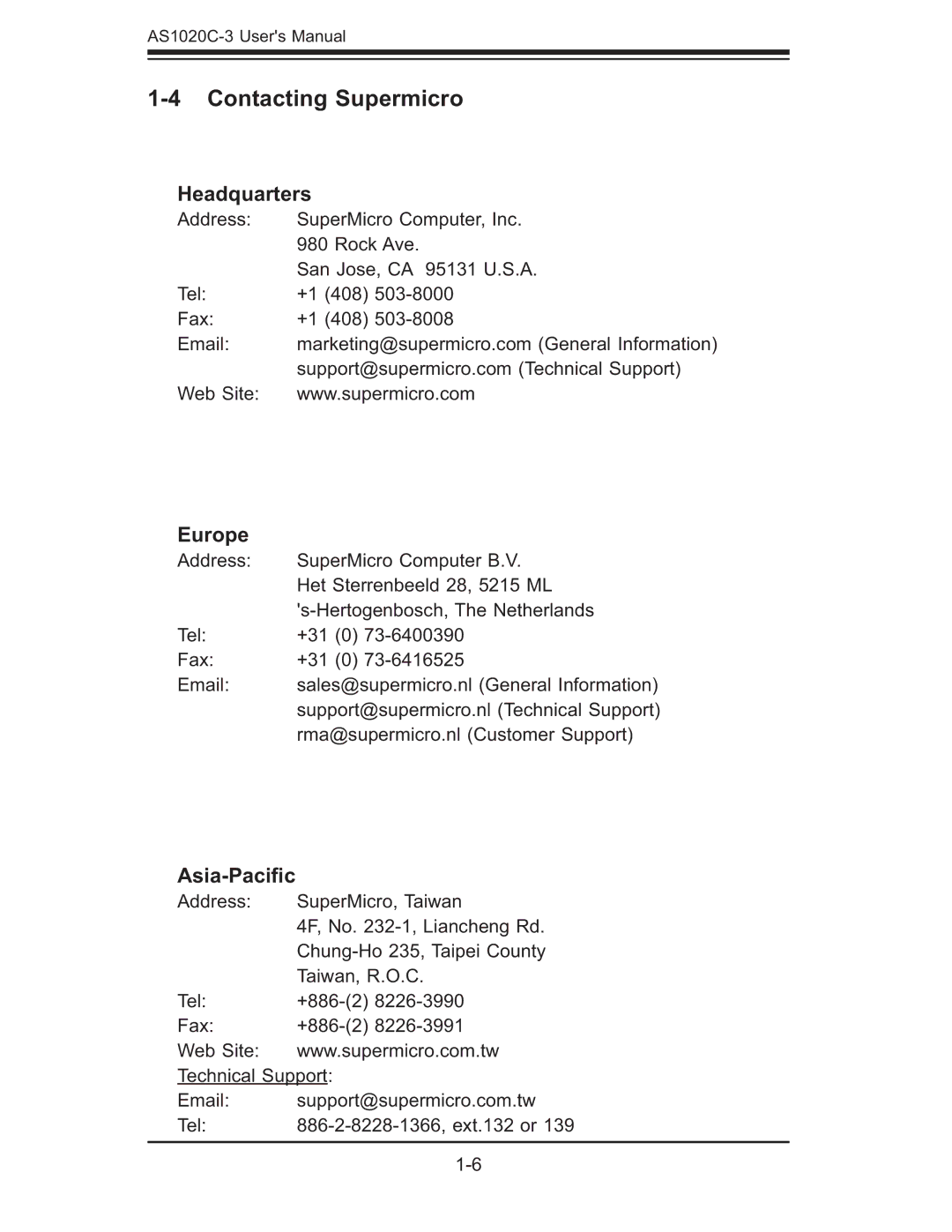 SUPER MICRO Computer AS 1020C-3 user manual Contacting Supermicro, Headquarters, Europe, Asia-Paciﬁc 