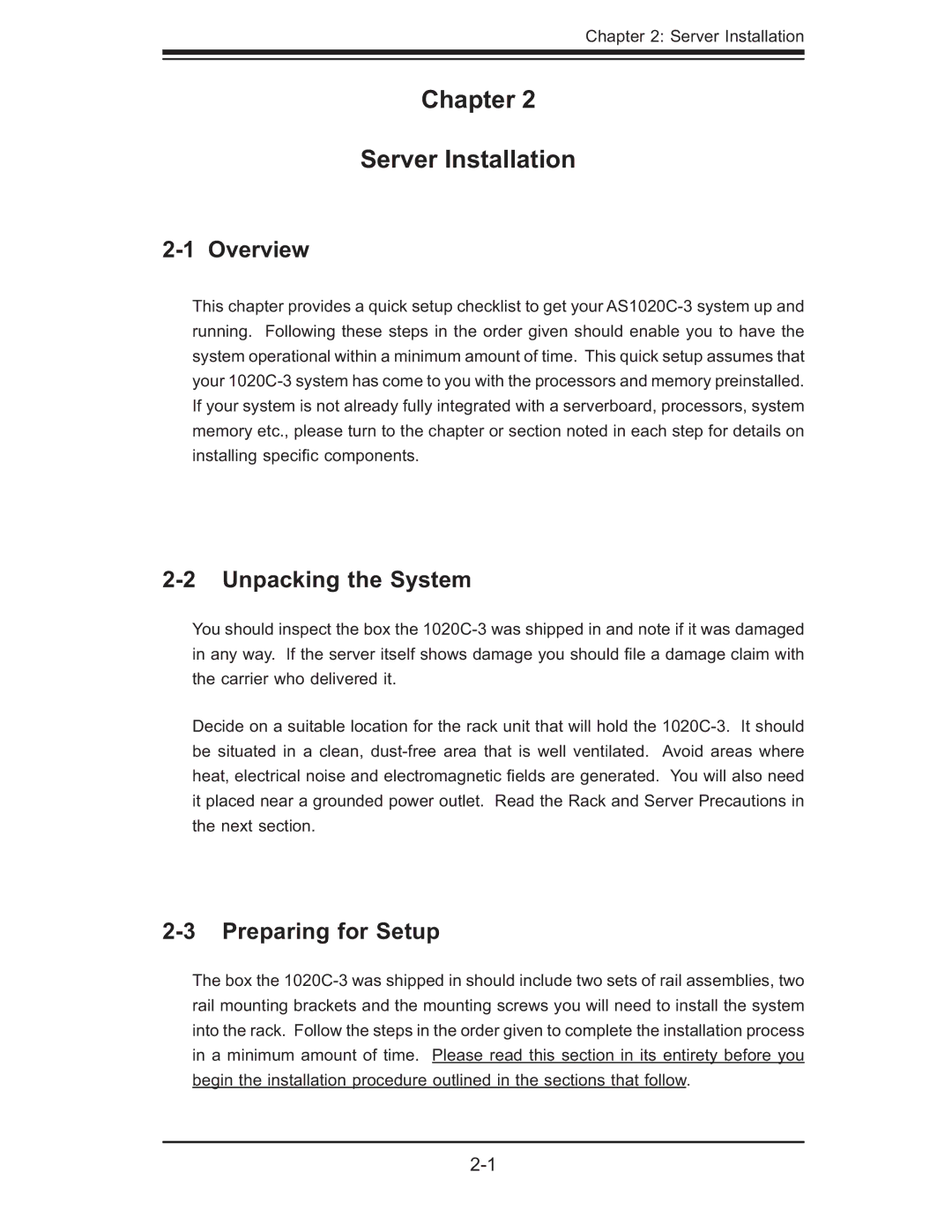 SUPER MICRO Computer AS 1020C-3 user manual Chapter Server Installation, Unpacking the System, Preparing for Setup 