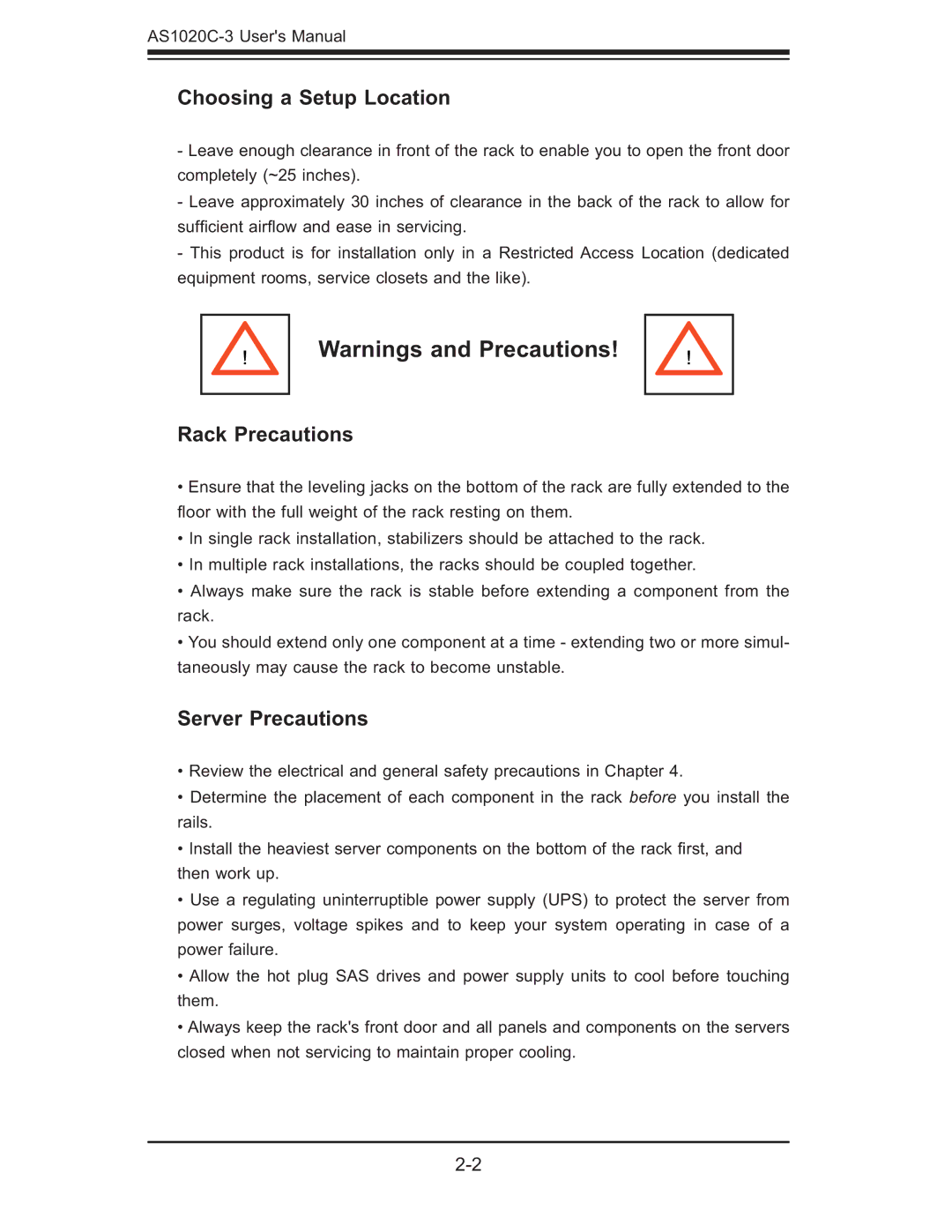 SUPER MICRO Computer AS 1020C-3 user manual Choosing a Setup Location, Rack Precautions, Server Precautions 