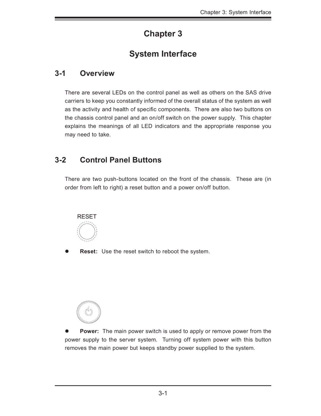 SUPER MICRO Computer AS 1020C-3 user manual Chapter System Interface, Control Panel Buttons 