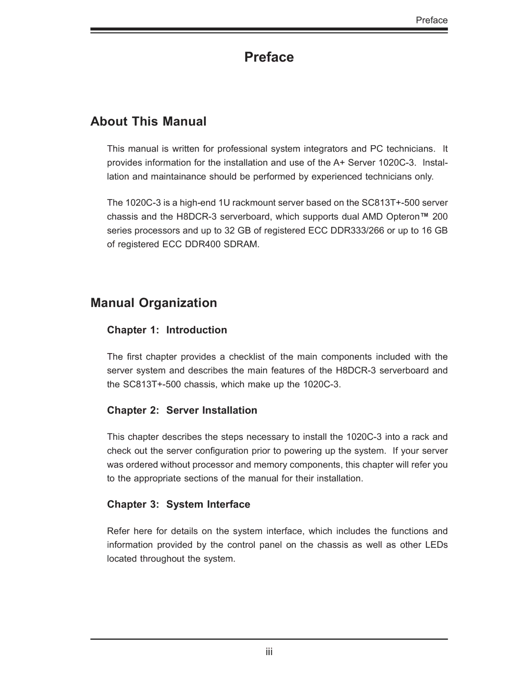 SUPER MICRO Computer AS 1020C-3 user manual Preface, About This Manual, Manual Organization 