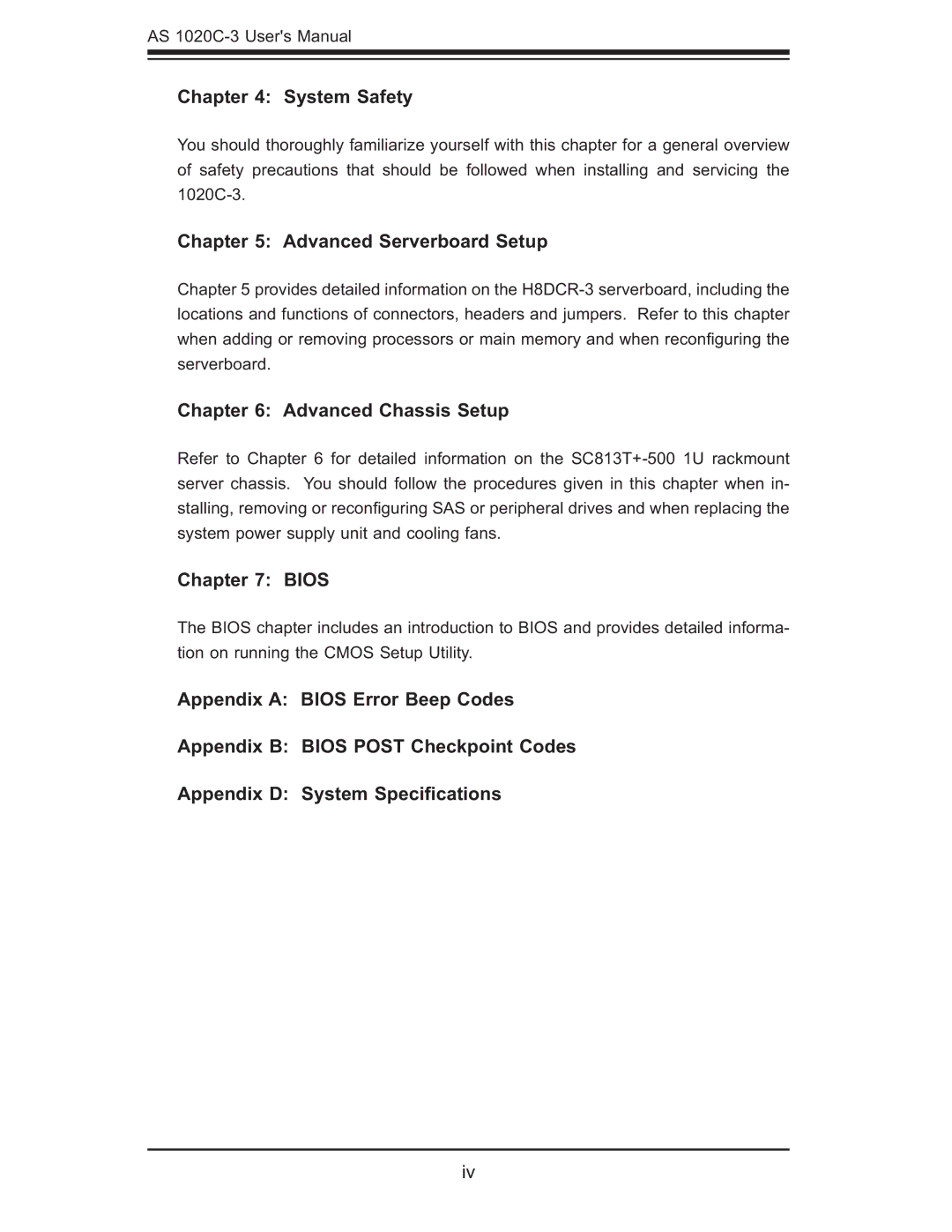 SUPER MICRO Computer AS 1020C-3 user manual System Safety, Advanced Serverboard Setup, Advanced Chassis Setup, Bios 