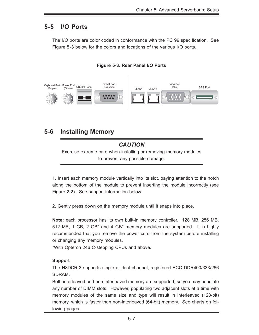 SUPER MICRO Computer AS 1020C-3 user manual I/O Ports, Installing Memory, Support 