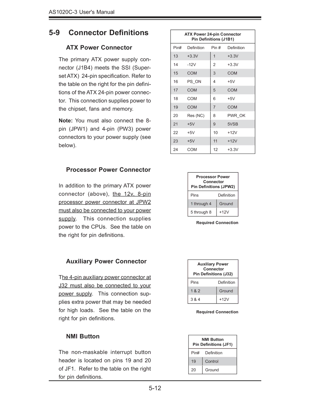 SUPER MICRO Computer AS 1020C-3 Connector Deﬁnitions, ATX Power Connector, Processor Power Connector, NMI Button 