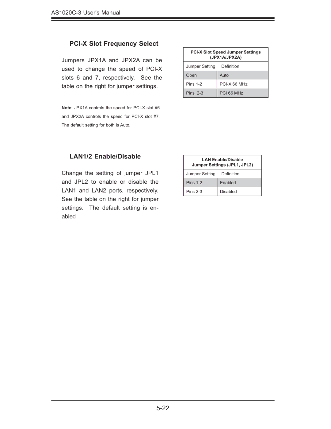 SUPER MICRO Computer AS 1020C-3 user manual PCI-X Slot Frequency Select, LAN1/2 Enable/Disable 