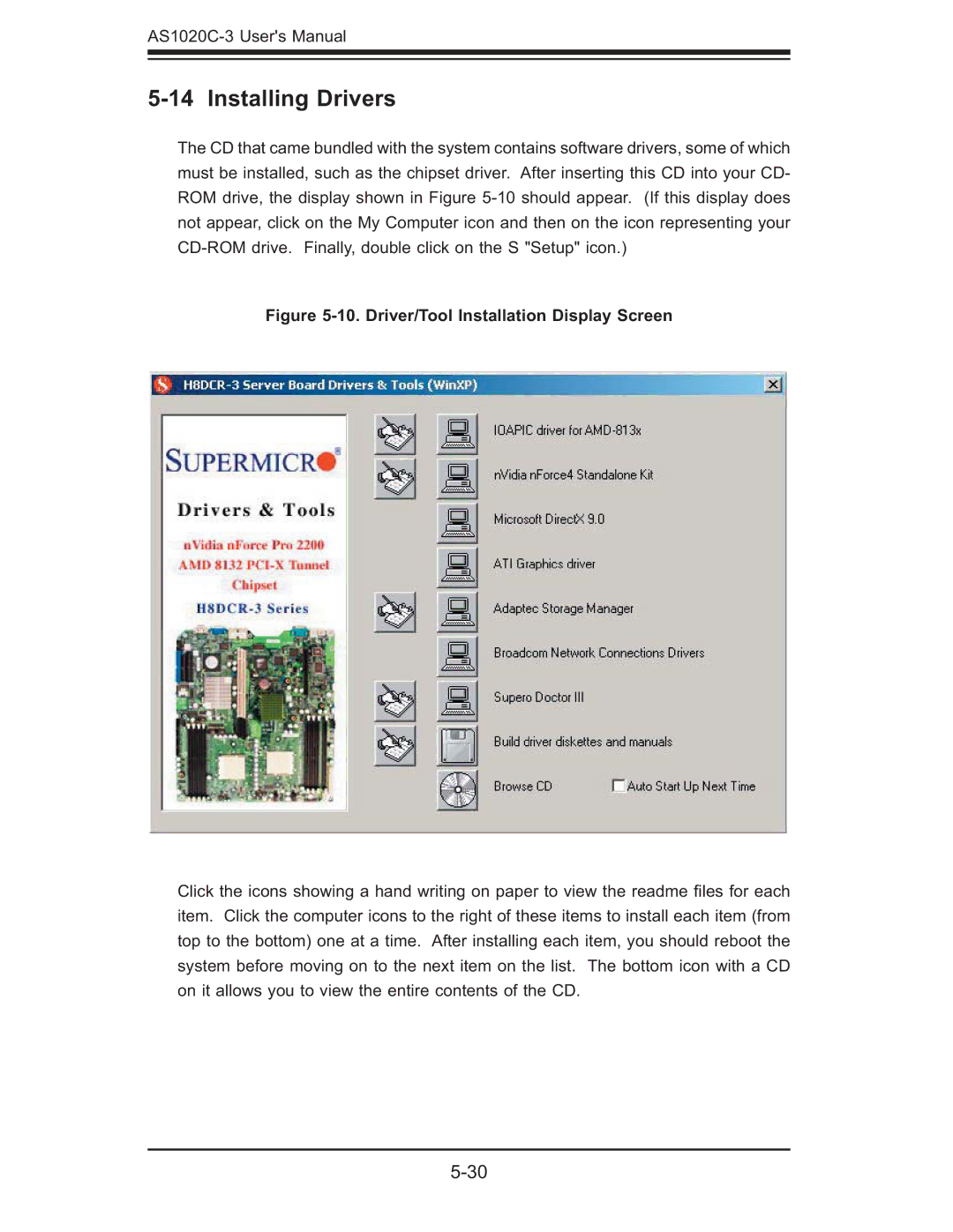 SUPER MICRO Computer AS 1020C-3 user manual Installing Drivers, Driver/Tool Installation Display Screen 