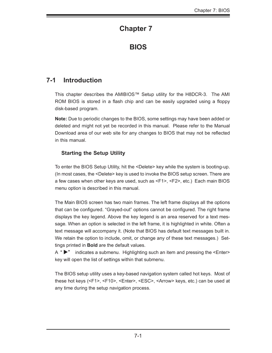 SUPER MICRO Computer AS 1020C-3 user manual Chapter, Introduction, Starting the Setup Utility 