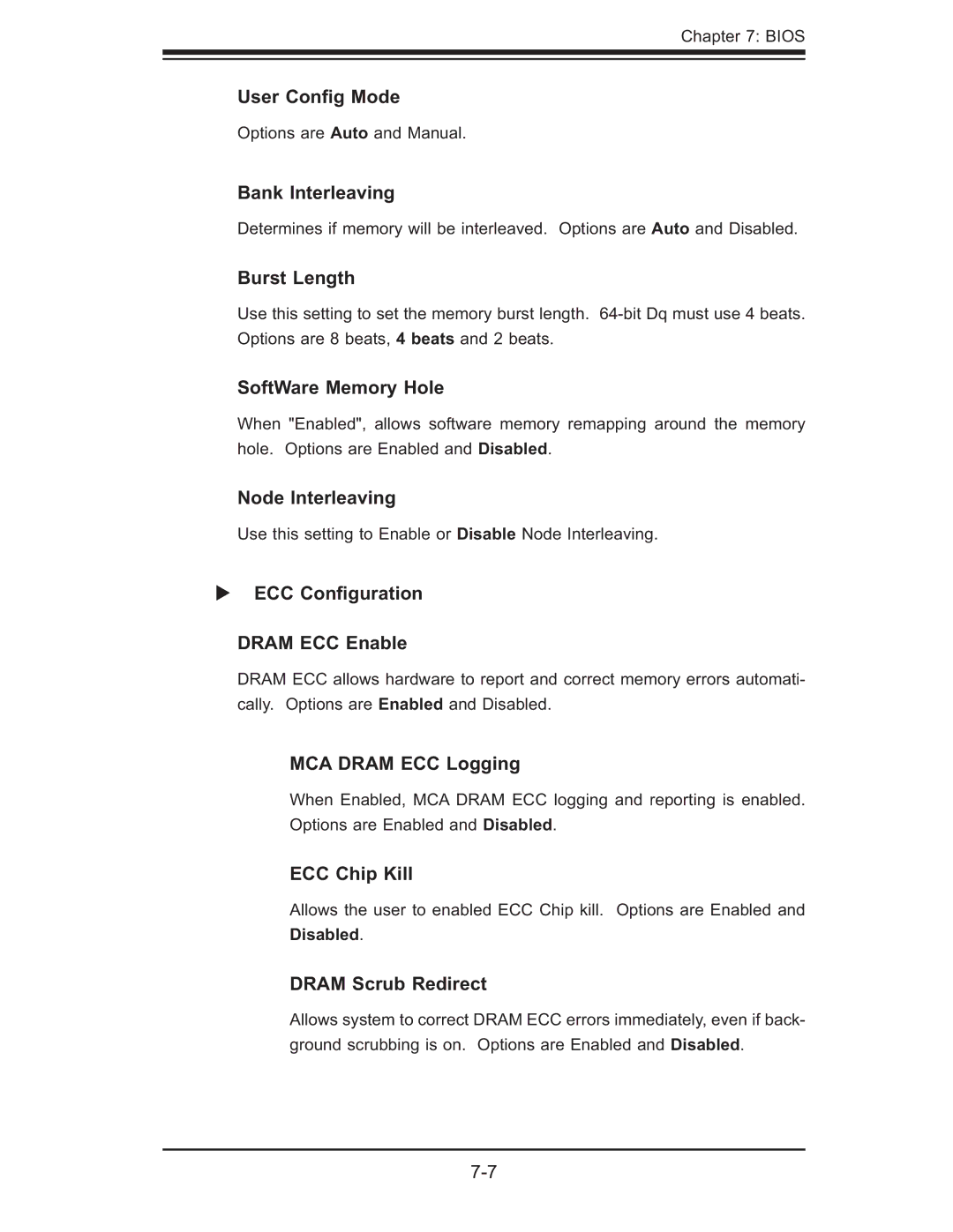 SUPER MICRO Computer AS 1020C-3 User Conﬁg Mode, Bank Interleaving, Burst Length, SoftWare Memory Hole, Node Interleaving 