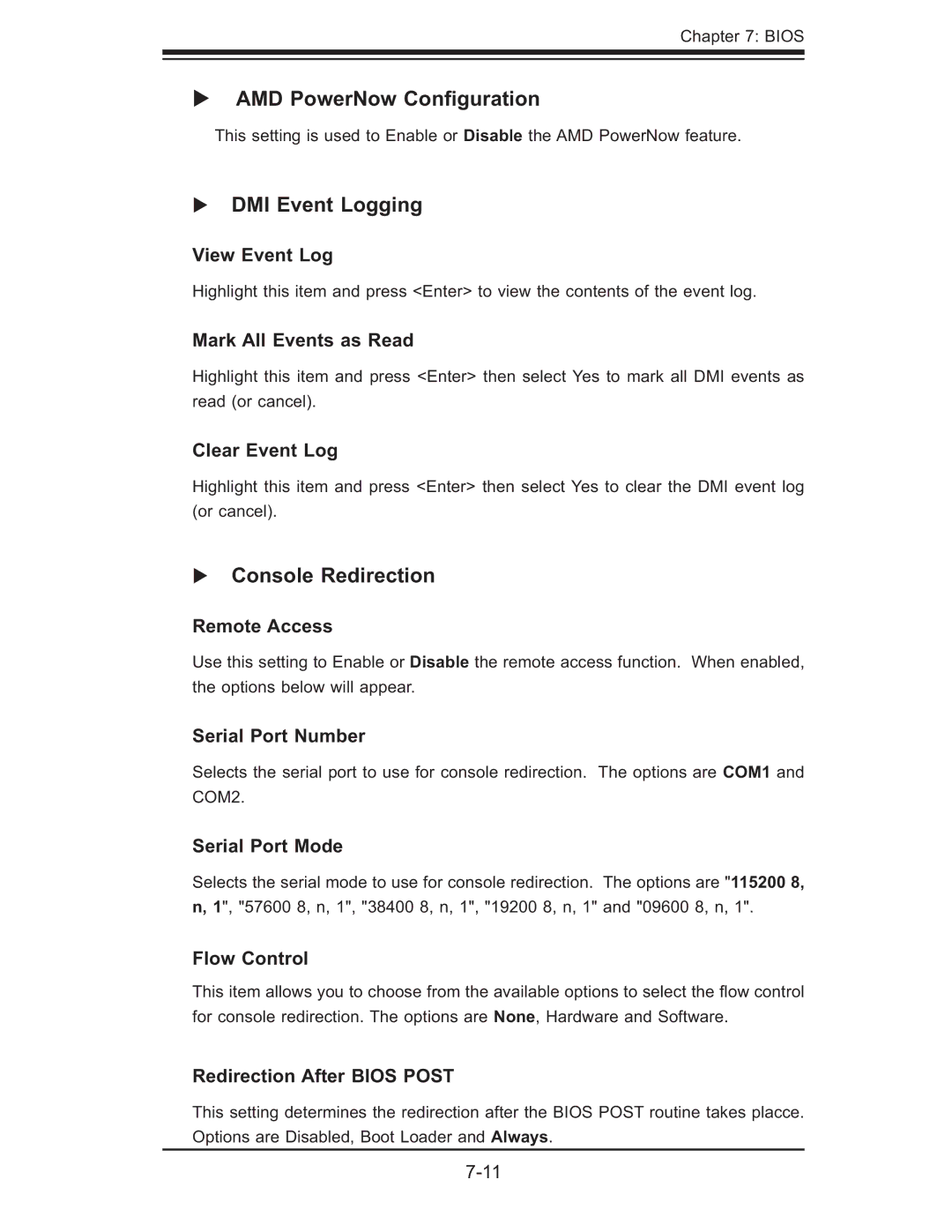 SUPER MICRO Computer AS 1020C-3 user manual AMD PowerNow Conﬁguration, DMI Event Logging, Console Redirection 