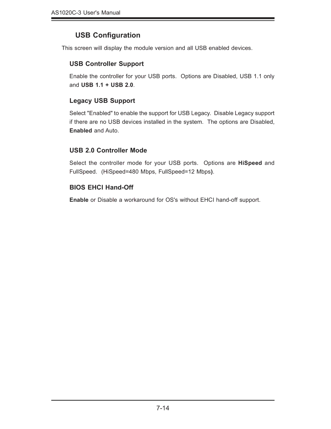 SUPER MICRO Computer AS 1020C-3 USB Conﬁguration, USB Controller Support, Legacy USB Support, USB 2.0 Controller Mode 