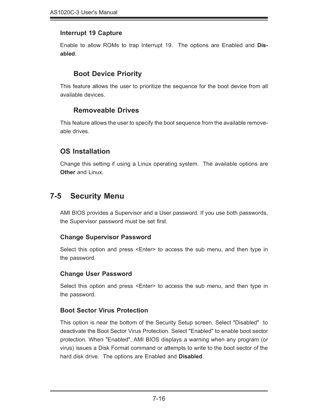 SUPER MICRO Computer AS 1020C-3 user manual Security Menu, Boot Device Priority, Removeable Drives, OS Installation 