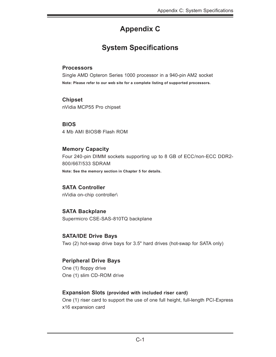 SUPER MICRO Computer AS1011M-T2 user manual Appendix C System Speciﬁcations 