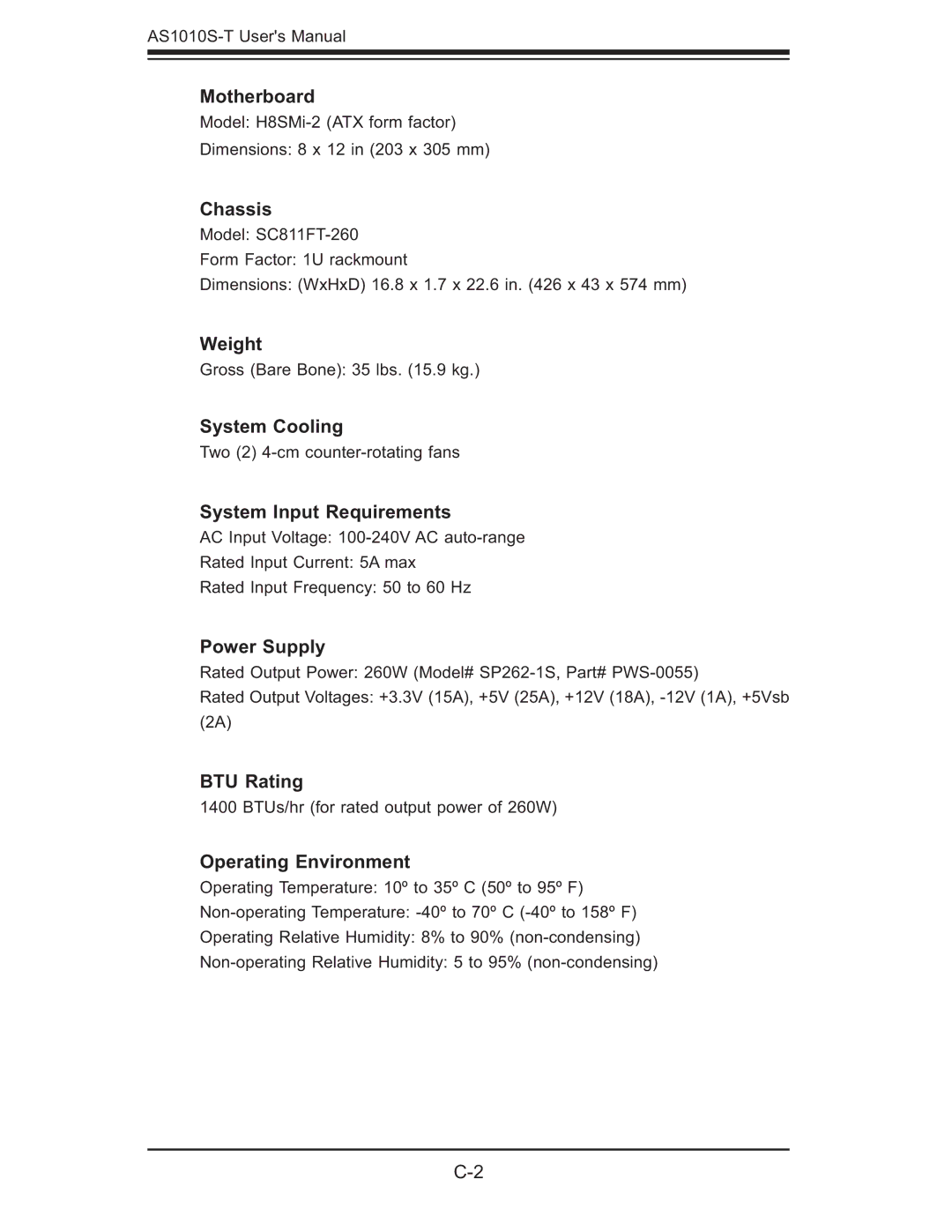 SUPER MICRO Computer AS1011M-T2 Motherboard, Chassis, Weight, System Cooling, System Input Requirements, Power Supply 