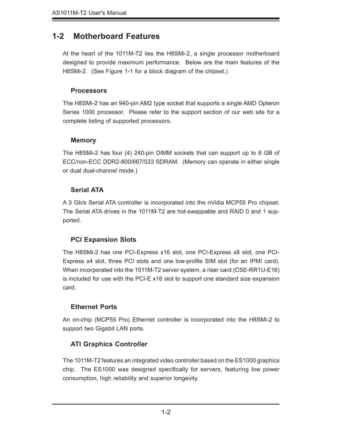 SUPER MICRO Computer AS1011M-T2 user manual Motherboard Features 