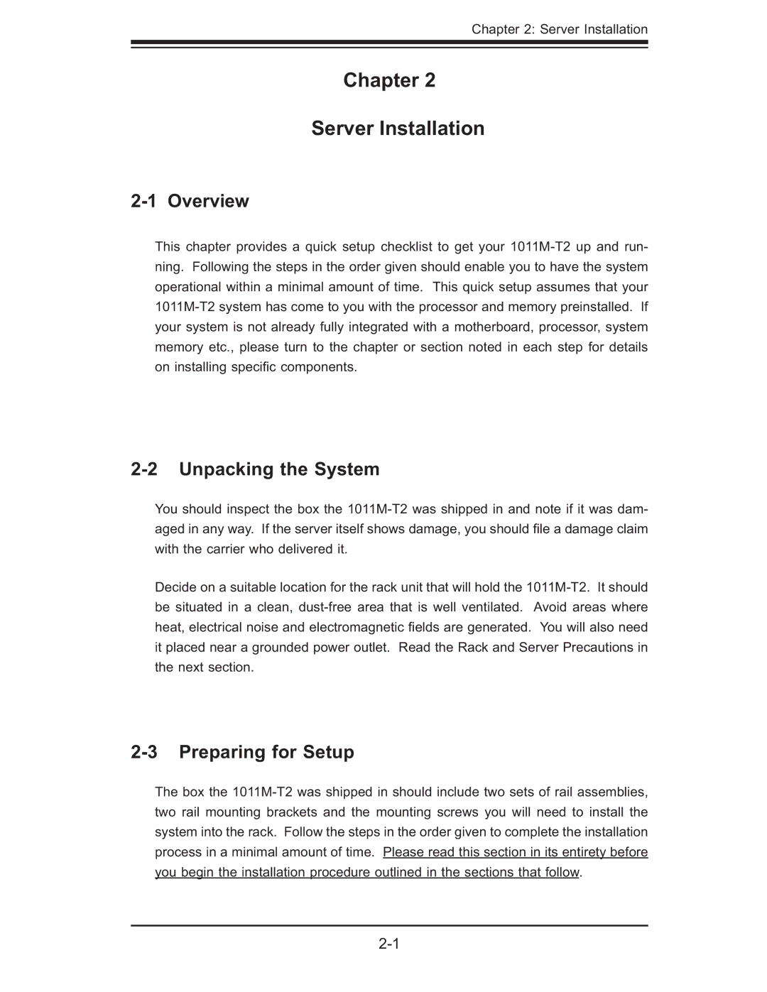 SUPER MICRO Computer AS1011M-T2 user manual Chapter Server Installation, Unpacking the System, Preparing for Setup 