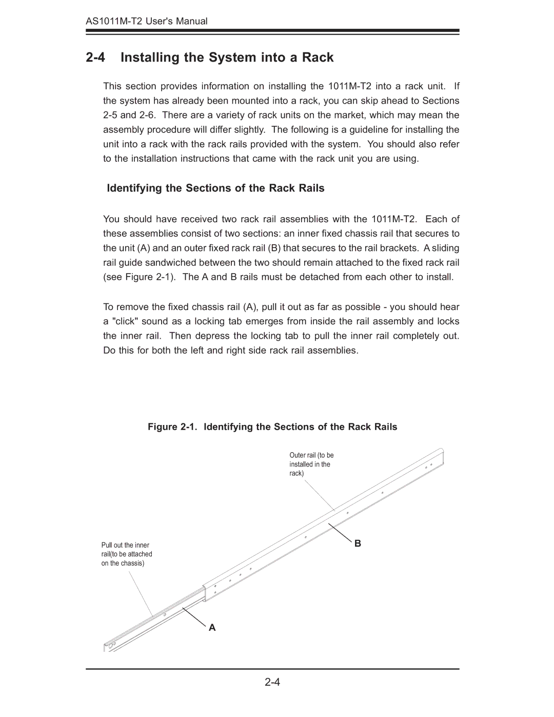 SUPER MICRO Computer AS1011M-T2 user manual Installing the System into a Rack, Identifying the Sections of the Rack Rails 