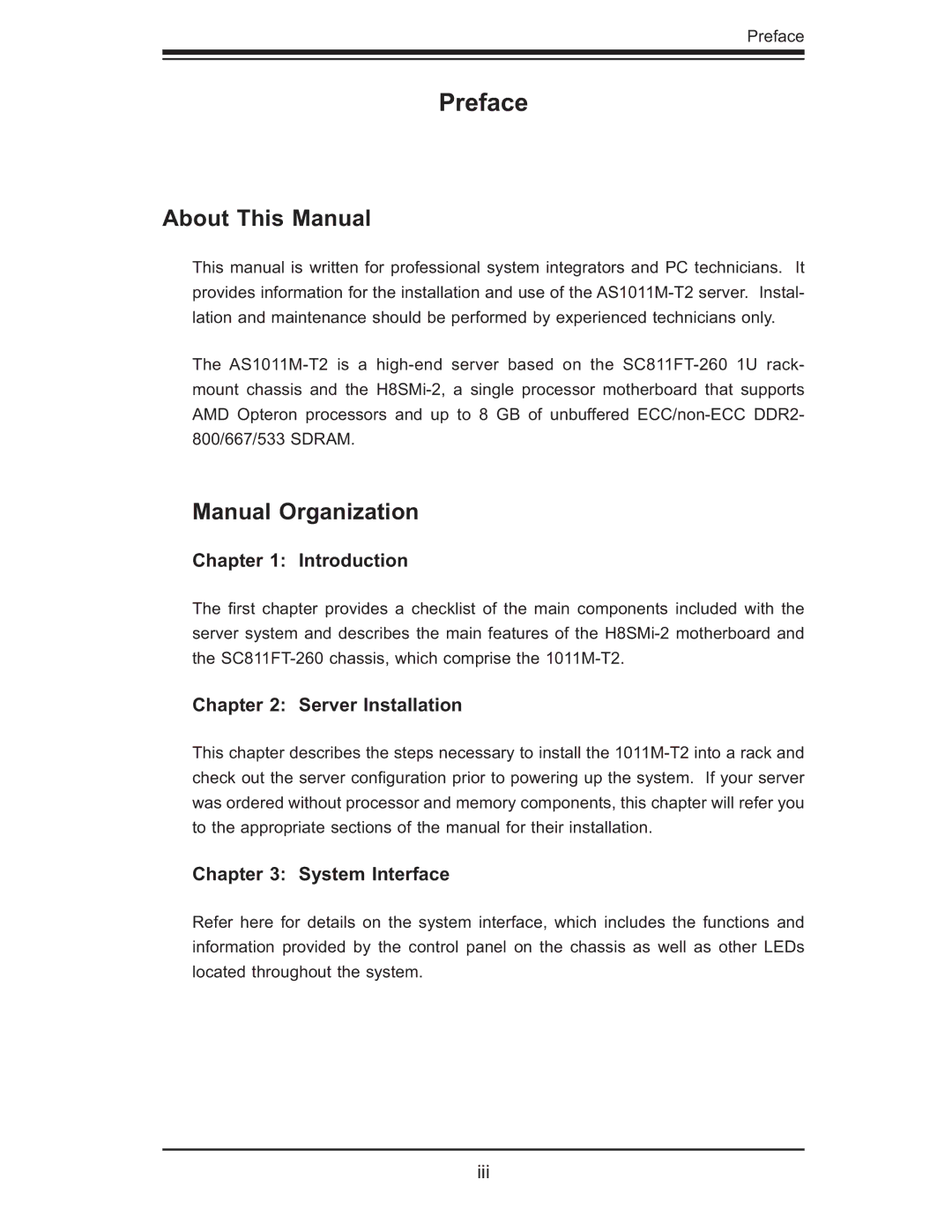 SUPER MICRO Computer AS1011M-T2 user manual Preface, About This Manual, Manual Organization 