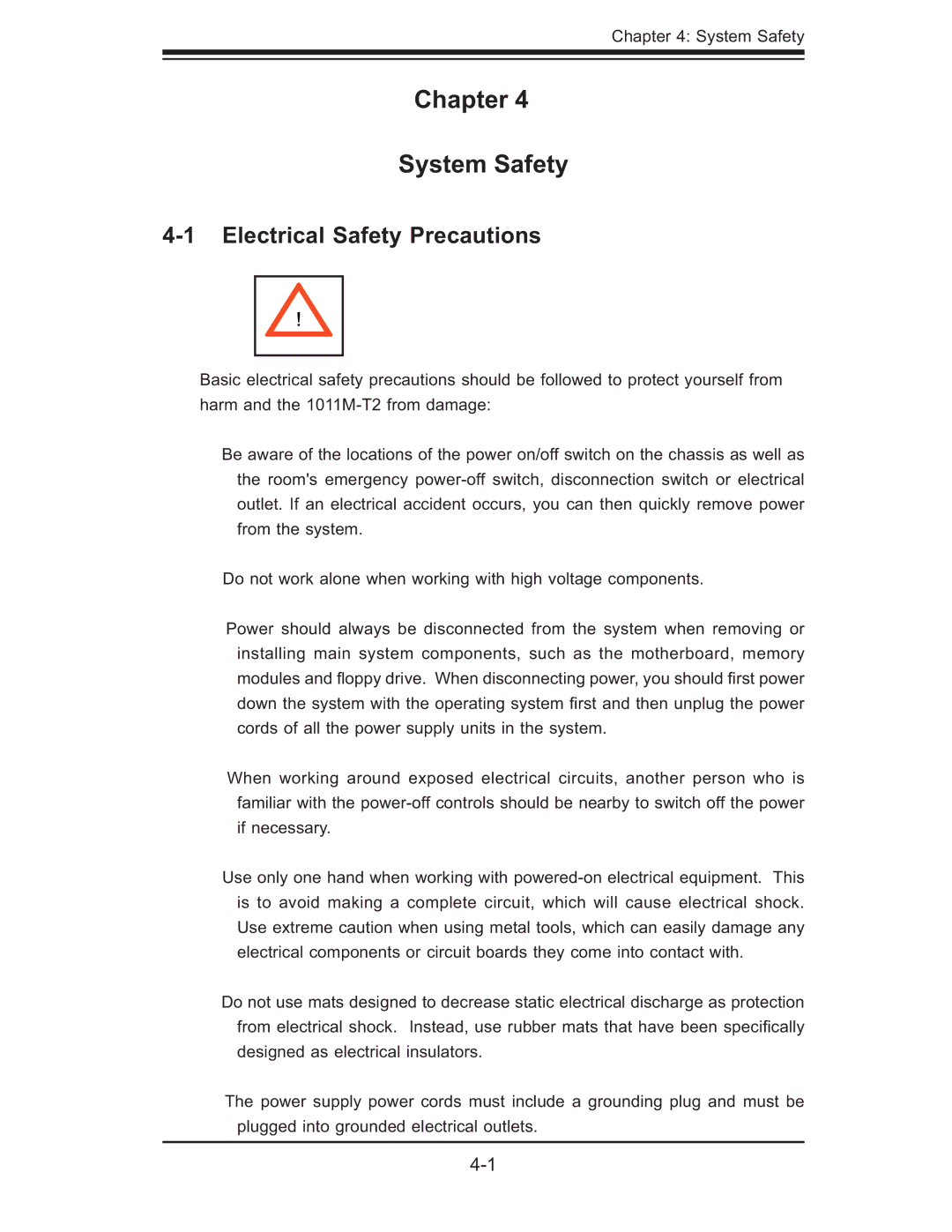 SUPER MICRO Computer AS1011M-T2 user manual Chapter System Safety, Electrical Safety Precautions 