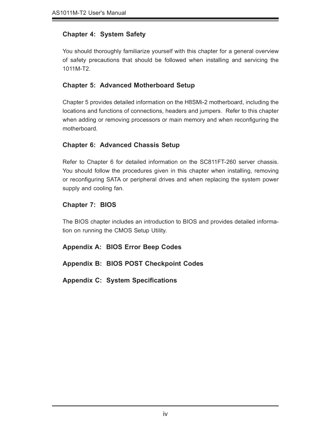 SUPER MICRO Computer AS1011M-T2 user manual System Safety, Advanced Motherboard Setup, Advanced Chassis Setup, Bios 