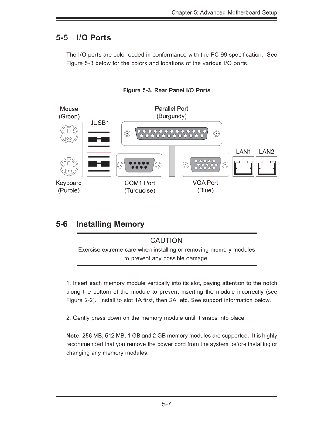 SUPER MICRO Computer AS1011M-T2 user manual I/O Ports, Installing Memory 