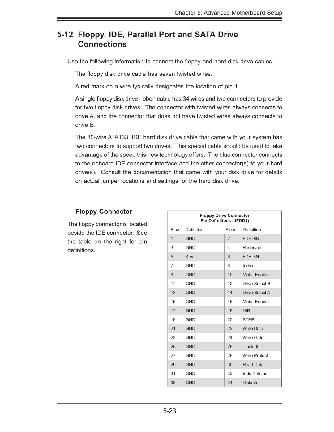 SUPER MICRO Computer AS1011M-T2 user manual Floppy, IDE, Parallel Port and Sata Drive Connections, Floppy Connector 