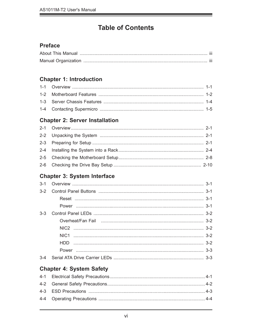 SUPER MICRO Computer AS1011M-T2 user manual Table of Contents 