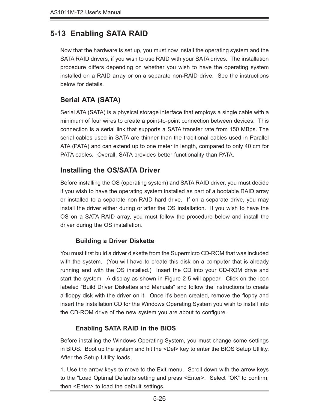 SUPER MICRO Computer AS1011M-T2 user manual Enabling Sata RAID, Serial ATA Sata, Installing the OS/SATA Driver 