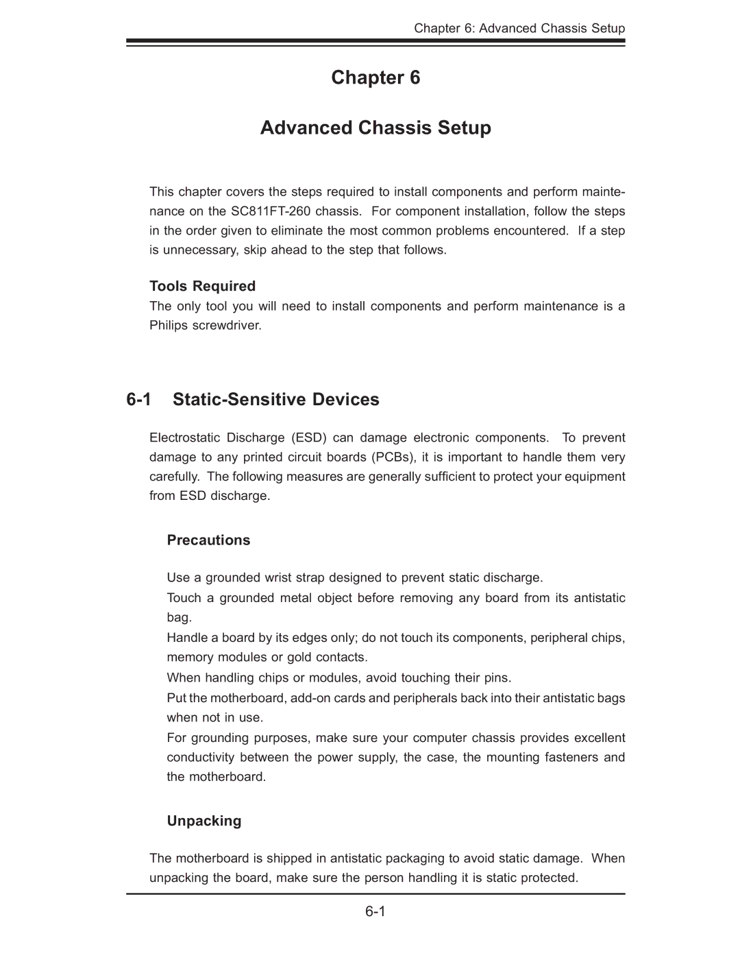 SUPER MICRO Computer AS1011M-T2 Chapter Advanced Chassis Setup, Static-Sensitive Devices, Tools Required, Precautions 