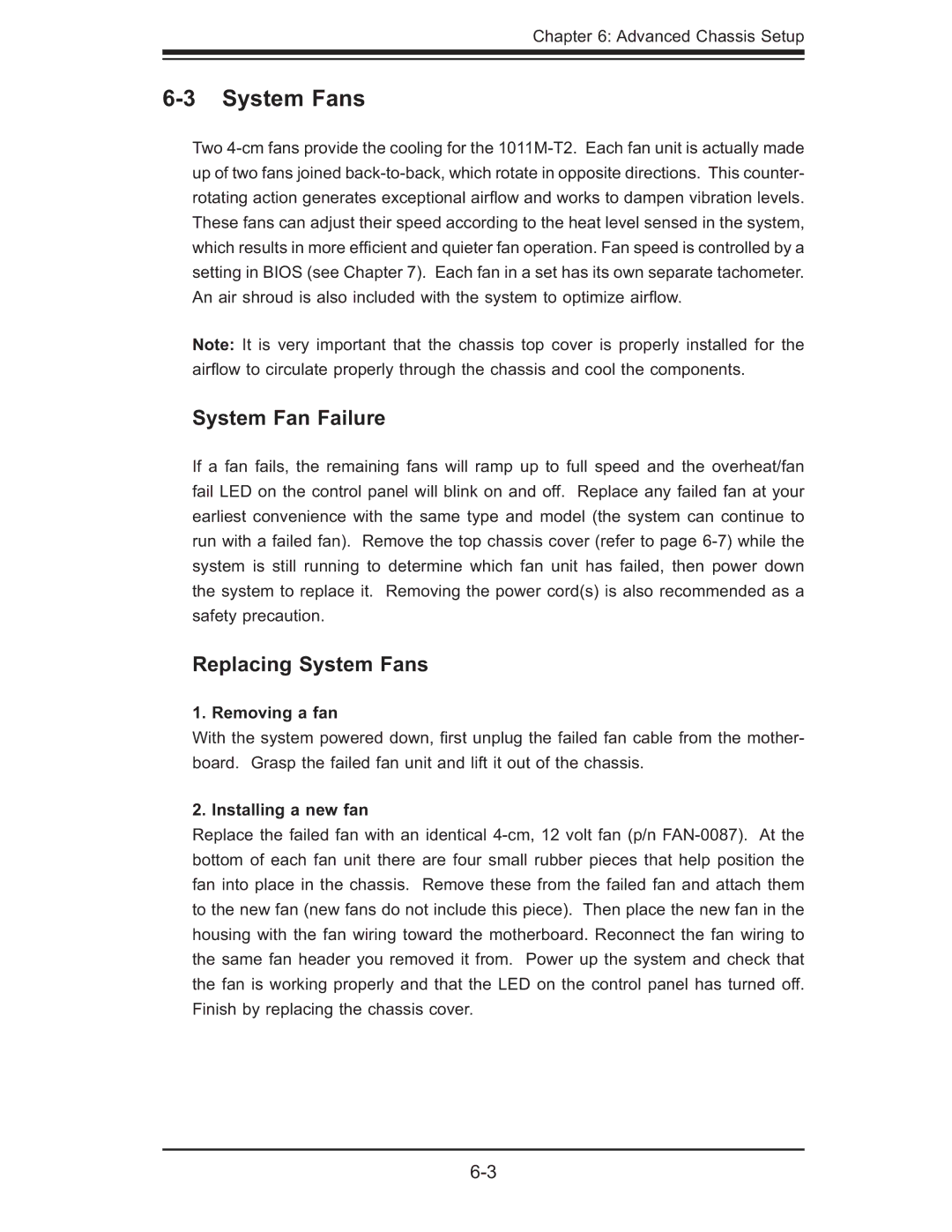 SUPER MICRO Computer AS1011M-T2 System Fan Failure, Replacing System Fans, Removing a fan, Installing a new fan 