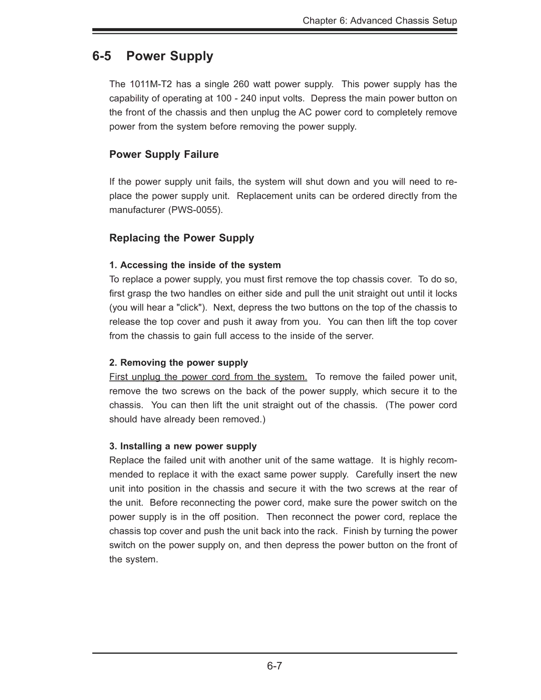 SUPER MICRO Computer AS1011M-T2 user manual Power Supply Failure, Replacing the Power Supply, Removing the power supply 