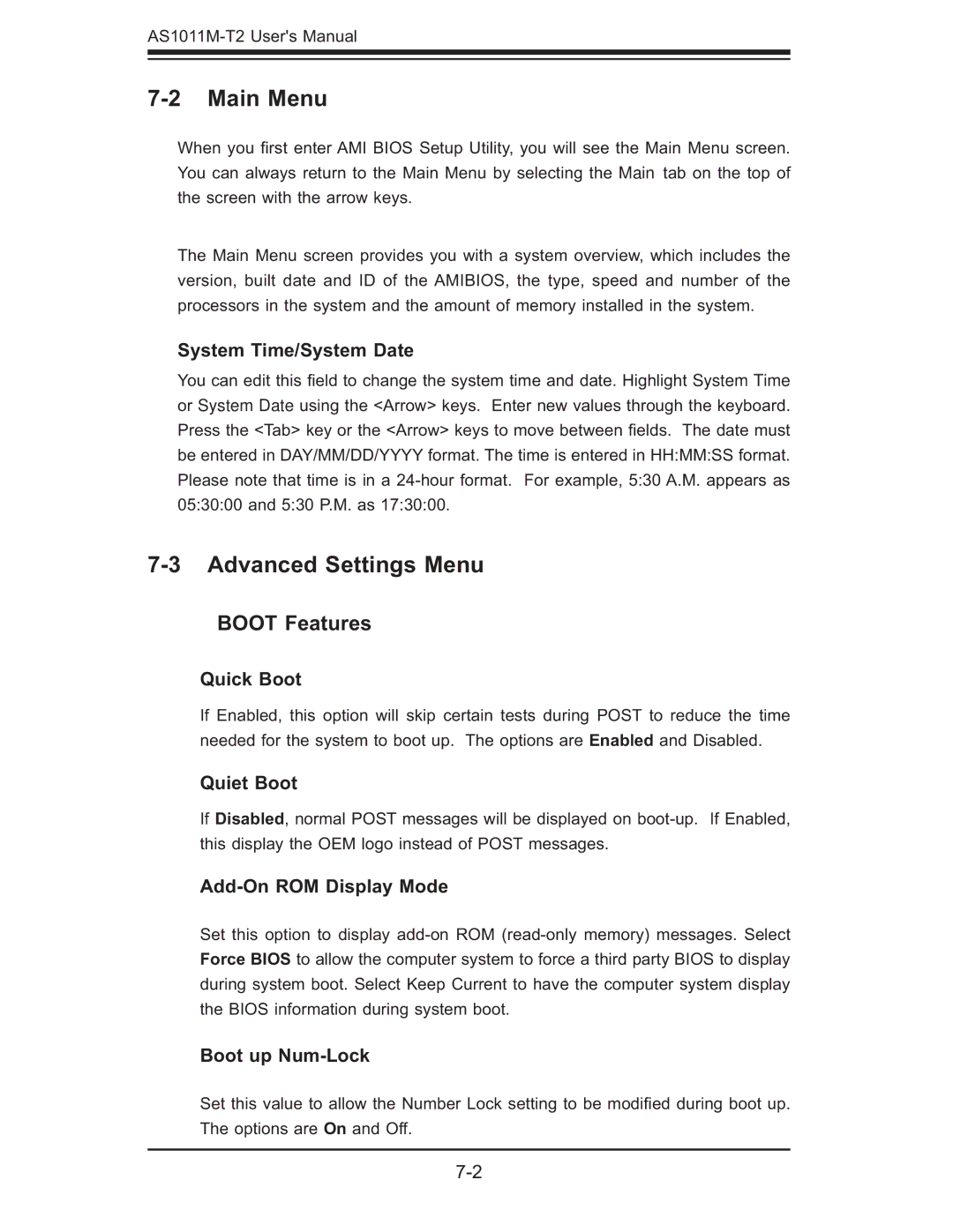 SUPER MICRO Computer AS1011M-T2 user manual Main Menu, Advanced Settings Menu, Boot Features 